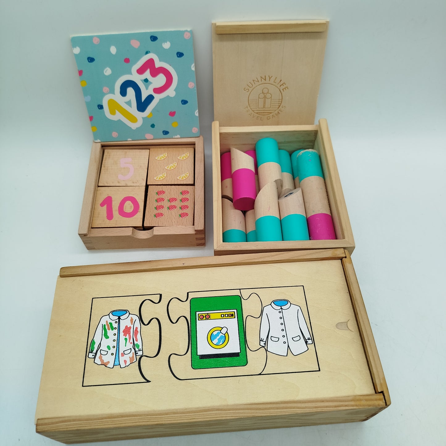 Sunnylife Bundle Travel Games Set 3 Holz Lernspiele, gebraucht, ab 3 Jahre 