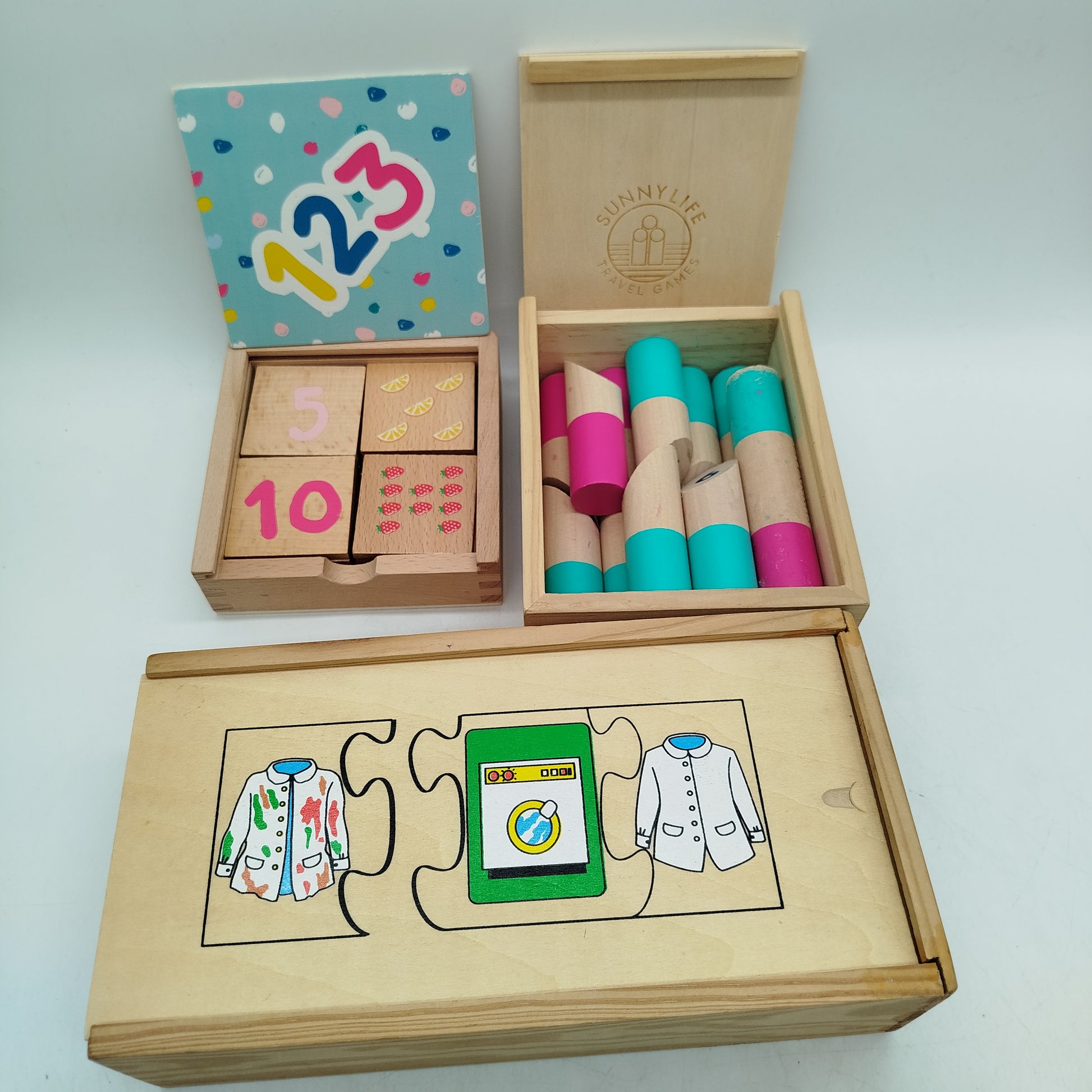 Sunnylife Bundle Travel Games Set 3 Holz Lernspiele, gebraucht, ab 3 Jahre 