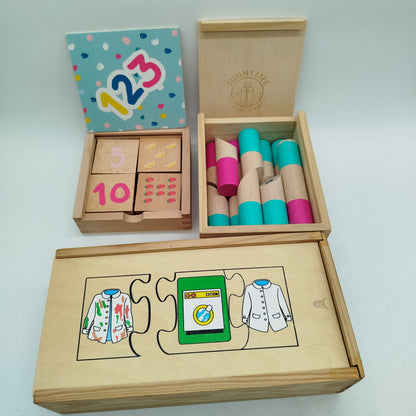 Sunnylife Bundle Travel Games Set 3 Holz Lernspiele, gebraucht, ab 3 Jahre 