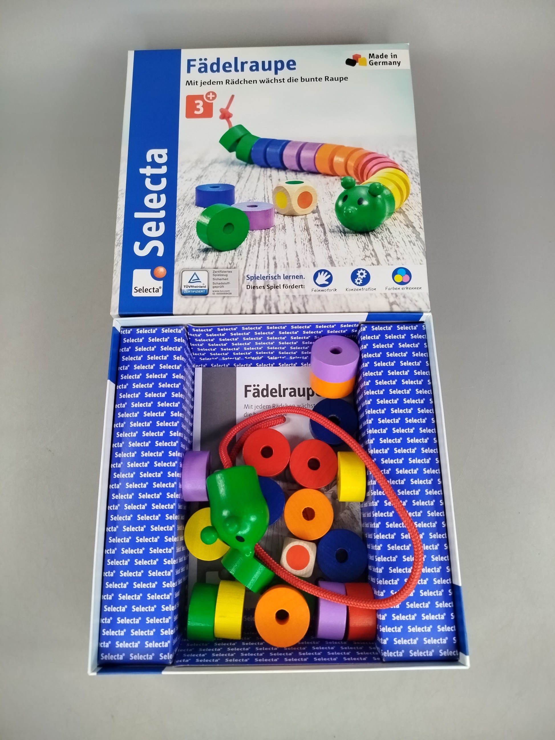 Selecta Fädelspiel – Fädelraupe mit Farbwürfel, OVP