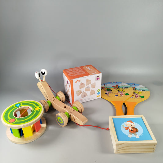 Holzspielzeug Set - Klopfkästen, Nachziehschnecke, Klang-Memo-Spiel